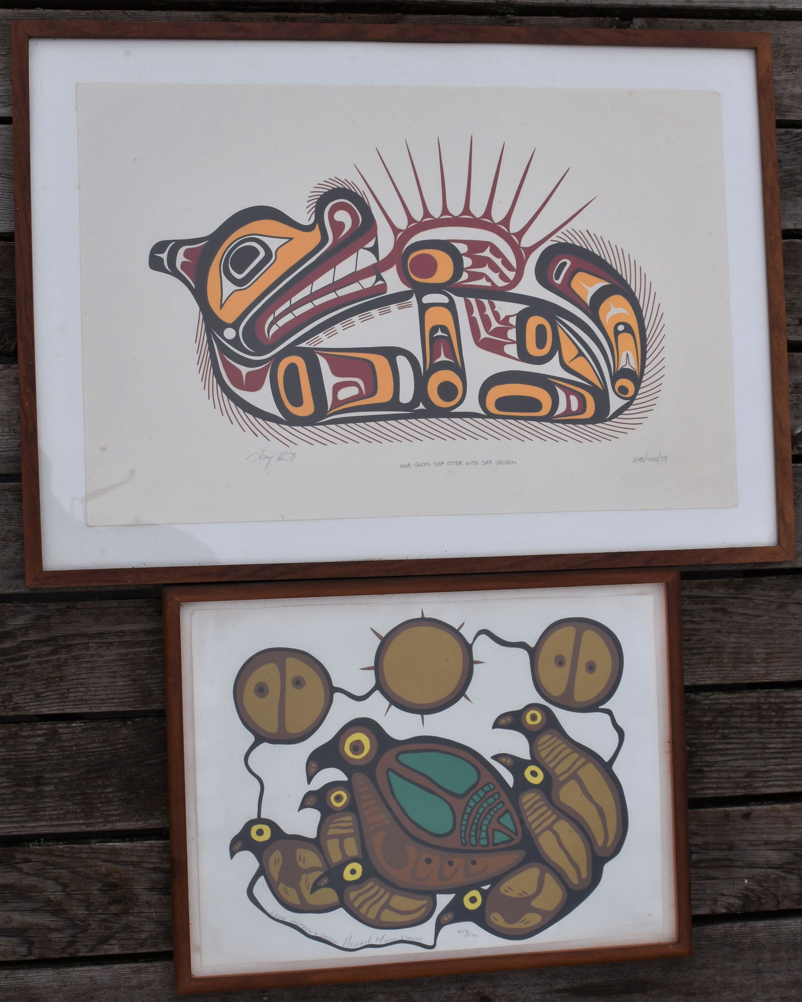 Norval Morriseau, (Native Canadian, 1931-2007): limited edition serigraphs, “Loon Mother & Brood 459/500 dated 1977 15” x 11” & Tony Hunt Sr. “Kwa-Gulth Seat Otter with Sea Urchin” serigraph, 1975 248/400 largest overall: 17 ¾” x 25”
