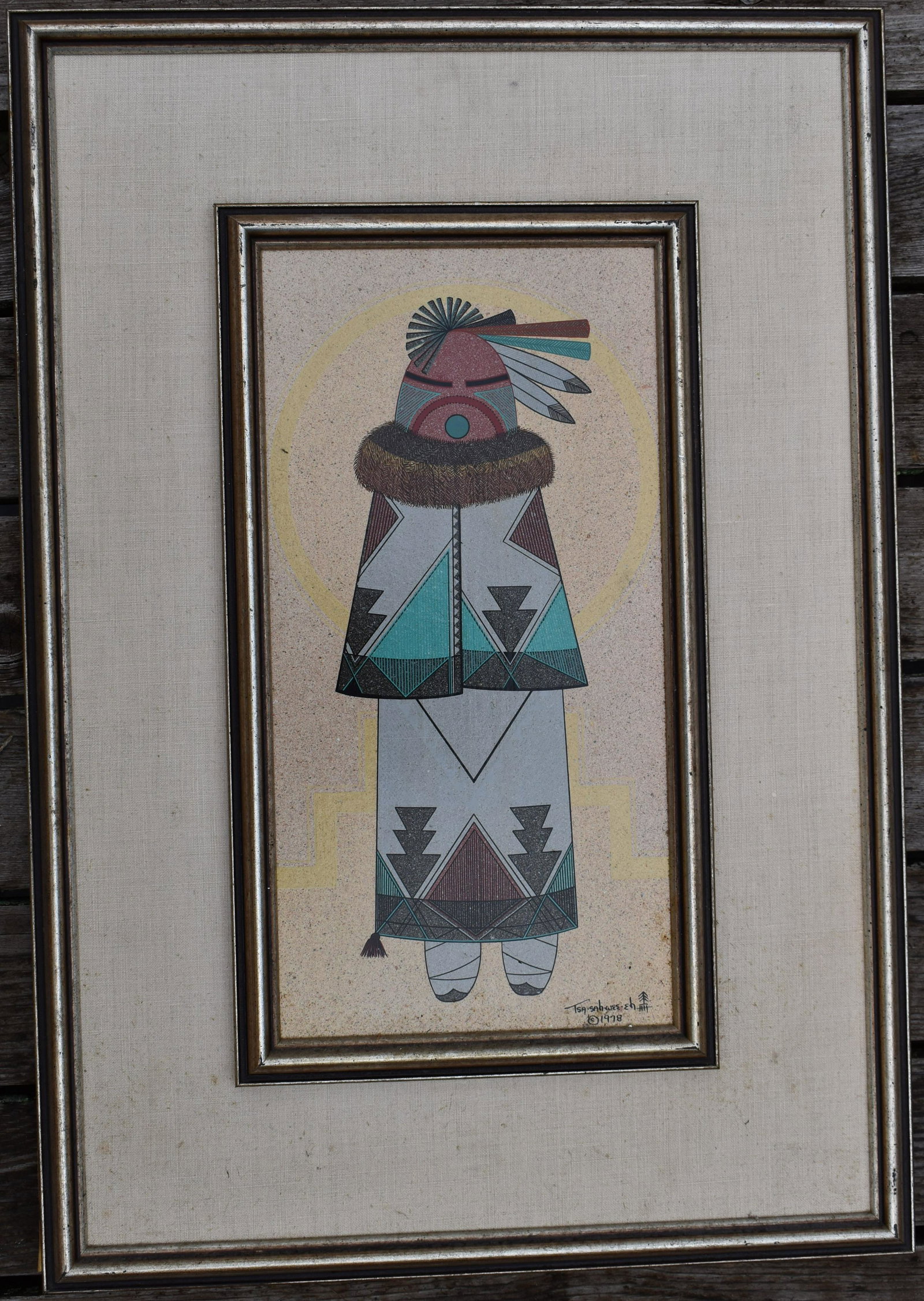 Helen Hardin, “Tsa-sah-wee-eh, "Santa Clara Vision”: acrylic on board, dated 1978. Sight size: 15" x 7 1/2" Overall: 24 3/4” x 17” Born in New Mexico and as an adult a resident of Espanola, New Mexico, Helen Hardin was the daughter of Herbert Hardin