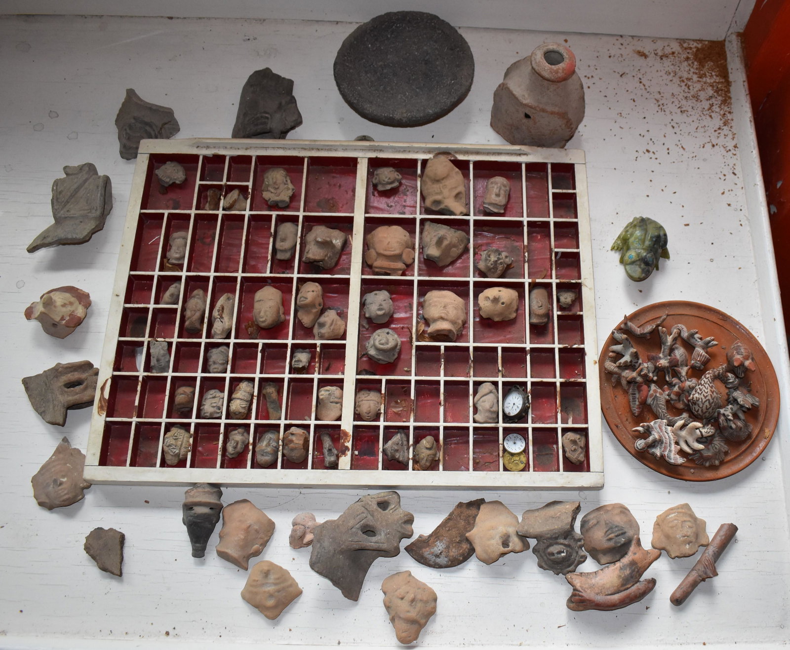 Large Lot Of Mayan Pottery Figures: and fragments along with circular stone bowl on three feet. Diameter 7"