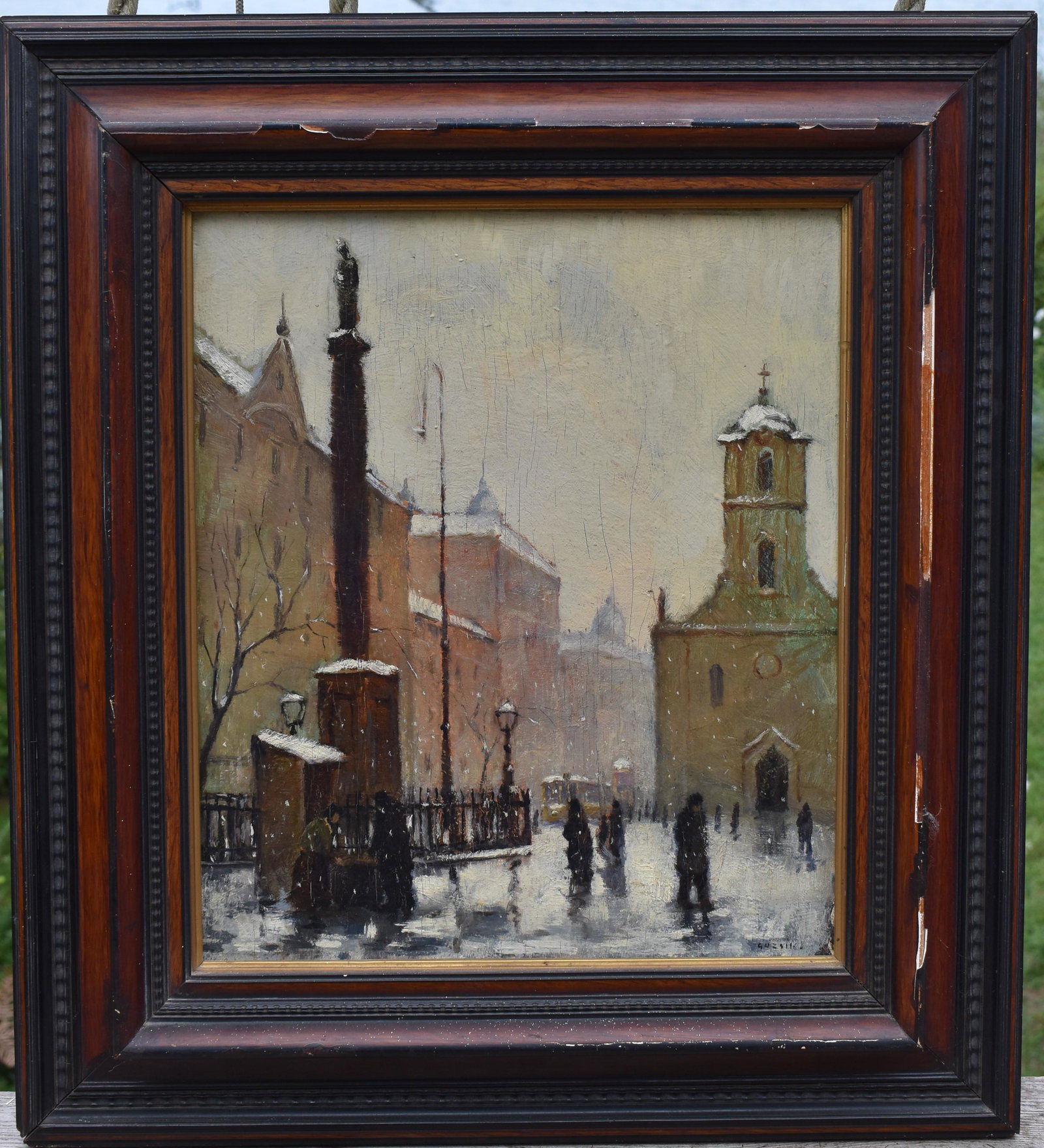 Continental School,: impressionist snow scene with church, oil on board, Sight size: 15” x 13” Overall: 23” x 23” Old Plaza Art Galleries label on reverse