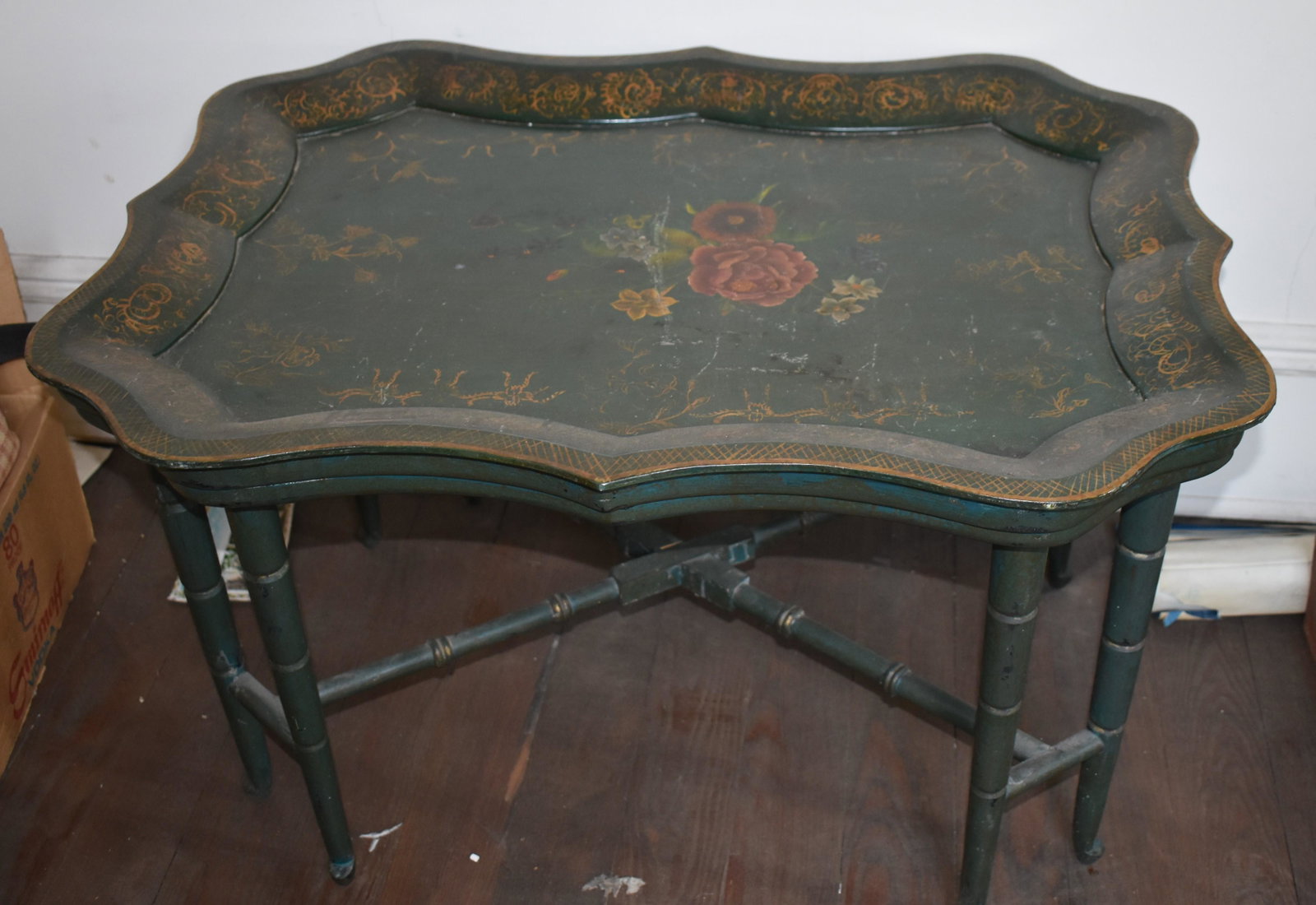 Papier Mache Tray Top Coffee Table: the green tray with floral painted well resting on a bamboo turned base with cross stretcher. Height 19" Top 32" x 22 3/4"