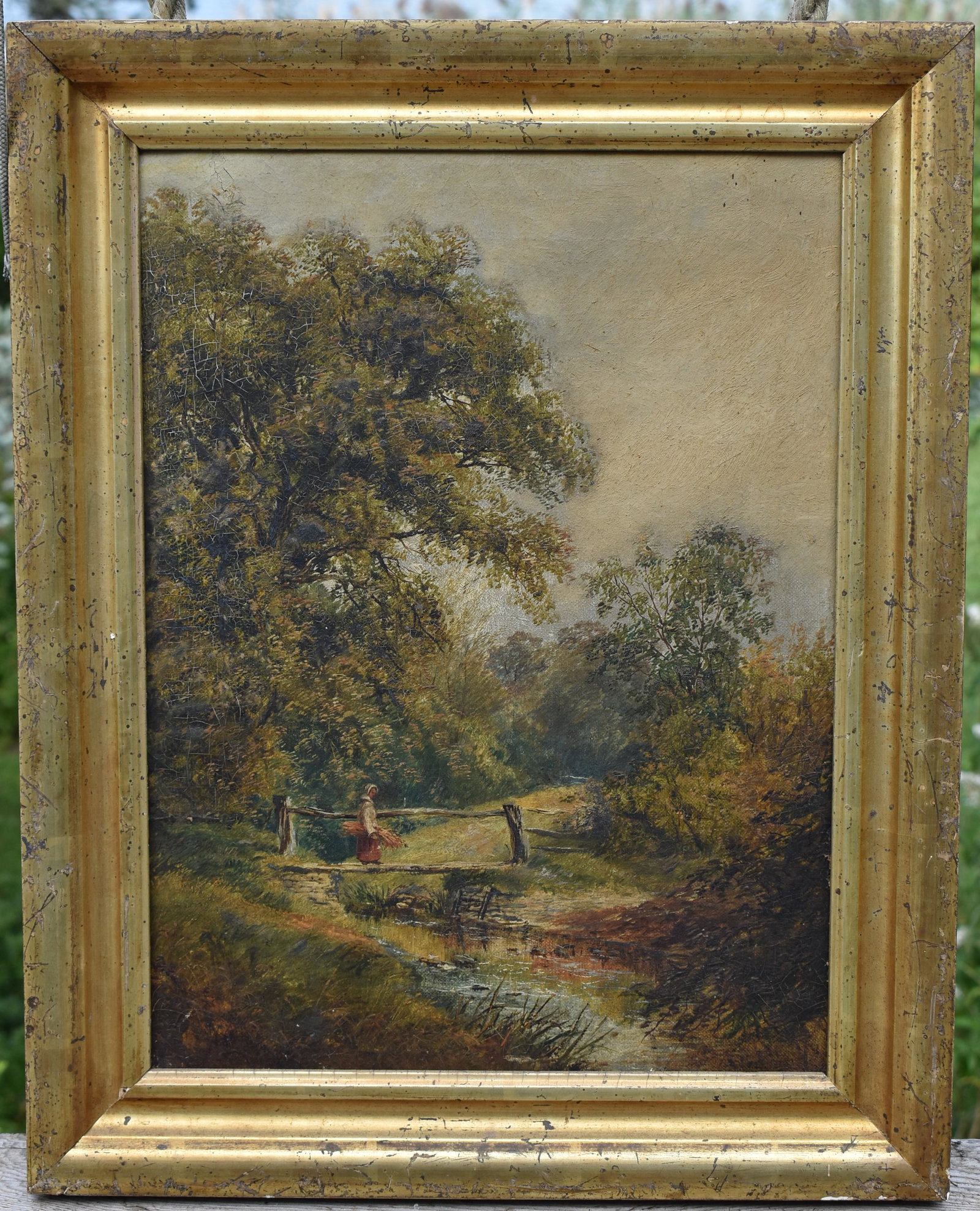 American School, “Old Long Island Farm”: marked in pencil on stretcher, figure of woman with bridge in period lemon gilt frame. Sight 16” x 12”