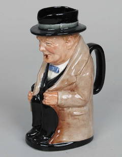 Royal Doulton Winston Churchill Character Pitcher: Royal Doulton Winston Churchill Character Pitcher depicting Churchill with signature cigar & cane. Ht. 8 1/2"