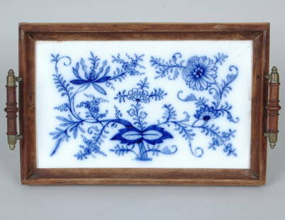19th C. Blue Onion Pattern Serving Tray: 19th C. Blue Onion Pattern Serving Tray with nickel silver mounted finely turned rosewood handles, rectangular molded tray surround. 15" X 9.75"