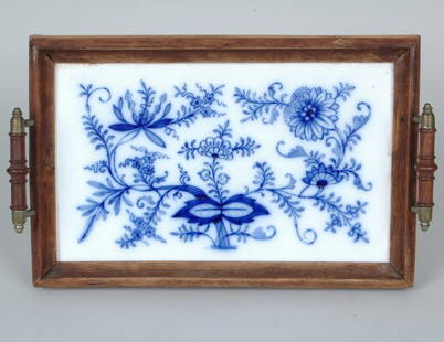 19th C. Blue Onion Pattern Serving Tray: 19th C. Blue Onion Pattern Serving Tray with nickel silver mounted finely turned rosewood handles, rectangular molded tray surround. 15" X 9.75"