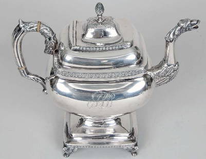 Baltimore Classical Coin Silver Coffeepot, 37 T.O.: Baltimore Classical Coin Silver Coffeepot, 37 T.O. marked W B probably William Ball of Baltimore, with eagle decorated spout & dragon formed acanthus handle, rectangular molded base with lions paw