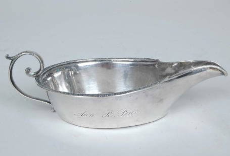 Philadelphia Coin Silver Pap Boat, R & W. Wilson: Philadelphia Coin Silver Pap Boat, R & W. Wilson, c. 1825 the scroll formed hand attached to a oval body with die rolled ornamented rim, pinched spout, retains original inscription to Ann R. Price. 