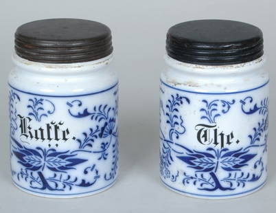 Pr. Of 19th C. Blue Onion Tea & Coffee Canisters: Pr. Of 19th C. Blue Onion Tea & Coffee Canisters with original tin reeded covers. Height 5.25" Diameter 3.5"