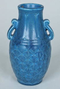 Rookwood Vase, Blue Crystalline Glaze, 1929.: Rookwood Vase, Blue Crystalline Glaze, 1929. of baluster form with fish scale molded body strap work scroll formed handles, tapering neck with rolled rim. Fully marked on base. Height 6"