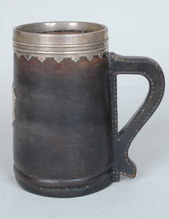 Gorham Arts & Crafts Copper Leather & Silver Mug: Gorham Arts & Crafts Copper Leather & Silver Mug, late 19th c., the cylindrical body with molded & crenellated silver rim, strap work handle, central silver shield with period cipher marked G.M. Co.