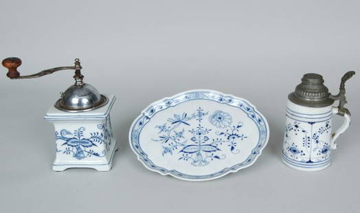 Meissen Blue Onion Platter, Coffee Grinder, & Mug: Meissen Blue Onion Platter, Coffee Grinder, & Mug coffee grinder top marked "Leinbrock"