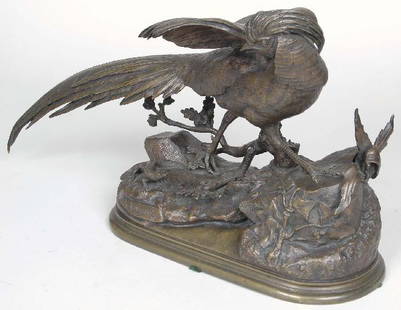 J. Moigniez (French 1835-1894) Bronze Pheasant: J. Moigniez (French 1835-1894) Bronze Pheasant with Stoat the bird with partially spread wings on a naturalistic oval base, marked J. Moigniez Ht. 10 3/4" W. 19 1/2" D. 7 1/4"