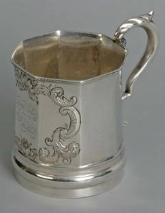 American Coin Silver Child's Cup, NY: American Coin Silver Child's Cup, NY the octagonal faceted cup with floral repousee. Inscribed" Little Jane from Uncle Richard." Marked on base "R.W. Fischer Jr., 331 Broadway NY Also marked FWC,