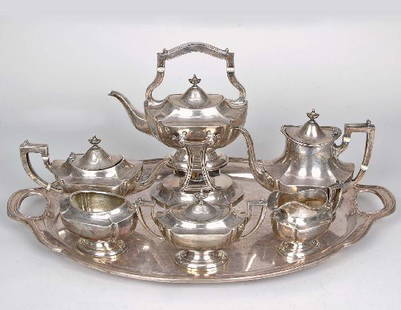 Sterling 7 Pc. Tea Set, Reed & Barton, 201 T. O.: Sterling 7 Pc. Tea Set, Reed & Barton, 201 T. O. Federal Style Tea & Coffee Service, consisting of kettle on stand, coffee, tea, creamer covered sugar, waste bowl and fine openwork handled tray (95