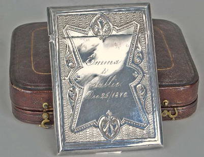 19th C. American Whiting Sterling Card Case C. 1870: 19th C. American Whiting Sterling Card Case C. 1870 the body with engine turning & elaborate engraved anthemion & geometric design the reverse engraved with pears & apples with original leather box. 