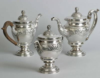 Coin 3 Pc. Tea & Coffee Set, Curry & Preston, 116.5 oz.: Coin 3 Pc. Tea & Coffee Set, Curry & Preston, 116.5 oz. Philadelphia, The Classically inspired globular bodies with bold repousse' floral and leaf decoration, circular, raised, engine turned foot,