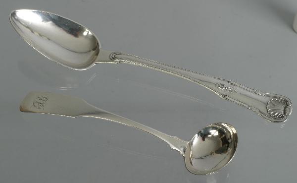 S. Kirk Serving Spoon & Ladle, R. W. W Tablespoon: S. Kirk Serving Spoon & Ladle, R. W. W Tablespoon Kings Pattern Table Spoon bearing touch of R & W Wilson, Philadelphia, Serving spoon with date letter C. Length of serving spoon 9" Ladle 6.5" Weight 