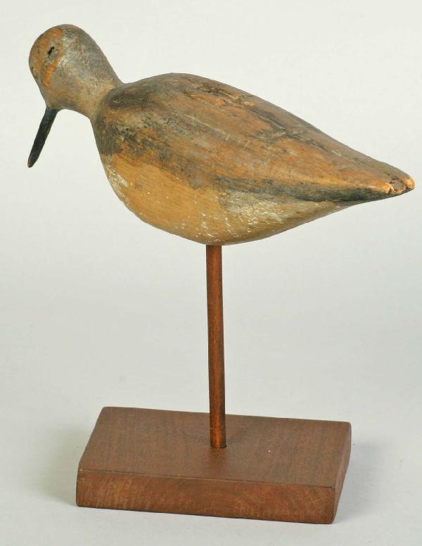 Antique Shore Bird Decoy, L. 11": Antique Shore Bird Decoy, L. 11" on later post in walnut rectangular stand. Length 11"