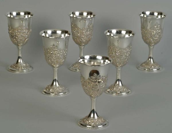 6 S. Kirk & Co. Sterling Wine Goblets, 32 T. O., : 6 S. Kirk & Co. Sterling Wine Goblets, 32 T. O., ornate Baltimore Rose hand chased decoration. Ht. 6.75"
