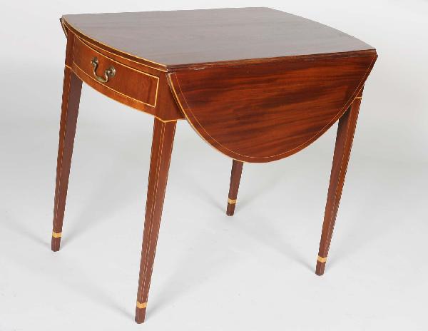 Early 19th C. Hepplewhite Mahogany Pembroke Table: Early 19th C. Hepplewhite Mahogany Pembroke Table, Middle Atlantic States, circular banded top with drop leaves above bowed lightwood banded drawer, tapering lightwood and cuff inlaid legs Height 28.5