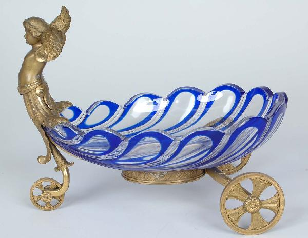 Rare French Bronze Diore Crystal Table Trolley,: Rare French Bronze Diore Crystal Table Trolley, 1st 1/2 19th century. The figural winged Cherub with acanthus leafage set atop a blue to clear cut glass shell formed lobed dish mounted on a Roman char