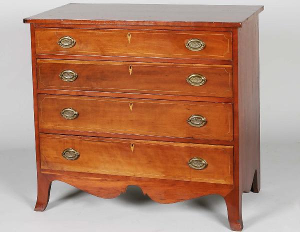 American Federal Cherry Wood Chest: American Federal Cherry Wood Chest, Middle Atlantic region, Early 19th c., the rectangular top above four graduated lightwood lined & diamond escutcheon inlay on French bracket feet. Retains fine orig