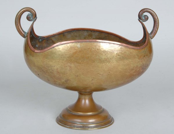 19th C. Russian Brass And Copper Urn: 19th C. Russian Brass And Copper Urn makers mark on bottom Batashev, hand hammered boat formed body with applied copper rim and scrollwork handles, molded circular pedestal foot. HT. 9" L 11"