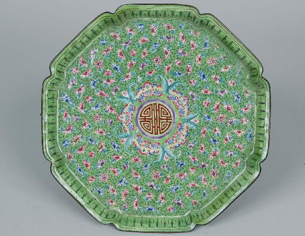 Antique Chinese Enamel on Copper Serving Tray: Antique Chinese Enamel on Copper Serving Tray The raised lobed edge with field displaying character mark. Imperial yellow band depicting bats the overall green field with intricate pink & blue floral 