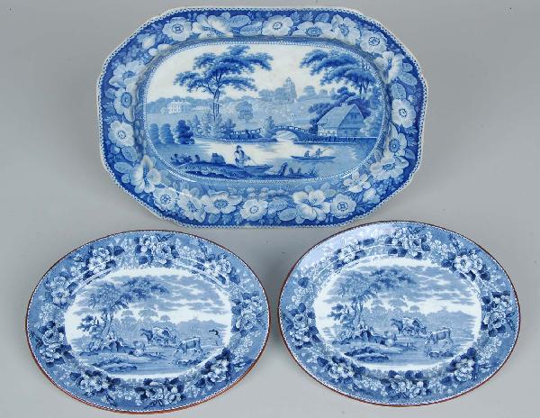 3 English Transfer Decorated Platters: 3 English Transfer Decorated Platters: 1 depicting fishermen on river, of rectangular form with canted corners, along with a pair of oval Davenport ironstone platters depicting cows & herder amongst c