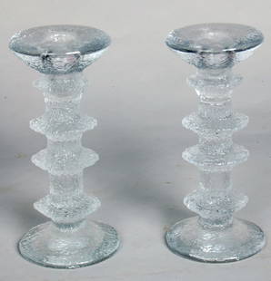 EERO SAARINEN, (1910-1961) PAIR MOLDED GLASS CANDLES: EERO SAARINEN, (1910-1961) PAIR MOLDED GLASS CANDLESTICKS, H. 7 1/4"