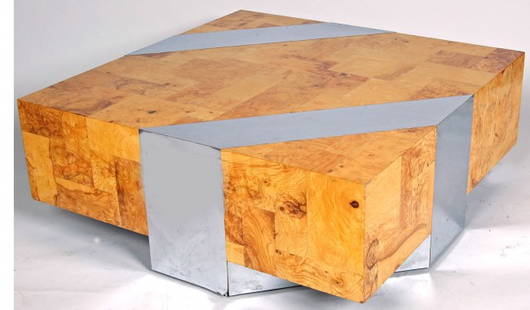 PAUL EVANS BURL OLIVEWOOD AND CHROME COFFEE TABLE, o: PAUL EVANS BURL OLIVEWOOD AND CHROME COFFEE TABLE, of rectangular form. Ht. 16 1/2 Top 42 " x 42"