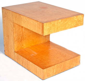 PAUL EVANS BIRD'S EYE MAPLE END TABLE, the rectangu: PAUL EVANS BIRD'S EYE MAPLE END TABLE, the rectangular top fitted with single drawer with deep openwork shelf beneath. Ht. 20" W. 18" D. 26"