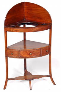 FEDERAL MAHOGANY CORNER BASIN STAND, CIRCA 1800, f: FEDERAL MAHOGANY CORNER BASIN STAND, CIRCA 1800, fitted with one drawer on splayed legs and stretcher base. Working H. 31 1/2" Takes a 23 1/2" corner