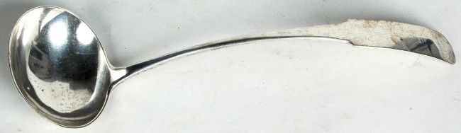 JOHN CRAWFORD CLASSICAL COIN LADLE, NY CIRCA 1830.: JOHN CRAWFORD CLASSICAL COIN LADLE, NY CIRCA 1830. L. 14 1/2" 8.76 Troy Oz.