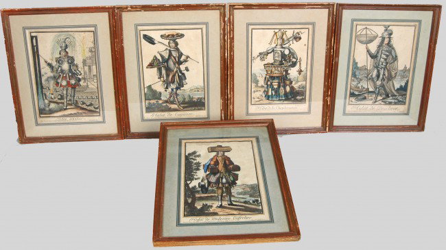5 18TH C. FRENCH OCCUPATIONAL PRINTS, "A Paris Chez: 5 18TH C. FRENCH OCCUPATIONAL PRINTS, "A Paris Chez N. de L'armessin, Rue St. Jacques a la Pome d'Or Avec Privit du Roy. 1. Habit de Malletier Coffrettier; 2. Habit de la Chaudronniere; 3. Habit d'Art