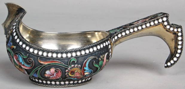 53: 19TH C. RUSSIAN SILVER ENAMELED KVOSH,  with hallma