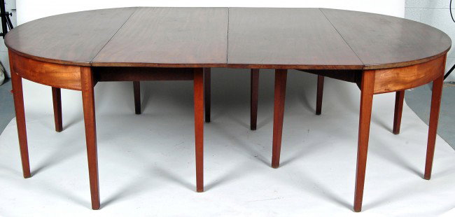 ENGLISH HEPPLEWHITE MAHOGANY DINING TABLE, LATE 18T: ENGLISH HEPPLEWHITE MAHOGANY DINING TABLE, LATE 18TH C., very fine dense mahogany, two d ends with deep drop leaves supported by two swing legs. H. 29" W. 57" L. 93"
