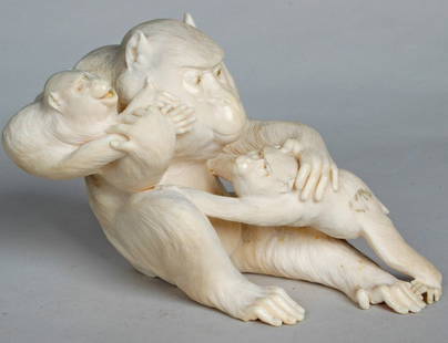 EXCEPTIONAL MEIJI IVORY GROUPING OF THREE MONKEYS,: EXCEPTIONAL MEIJI IVORY GROUPING OF THREE MONKEYS, artist signed on base, H. 4 1/4" L. 6 1/2"