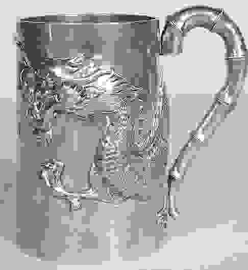 CHINESE EXPORT SILVER CANN, bamboo strap work hand