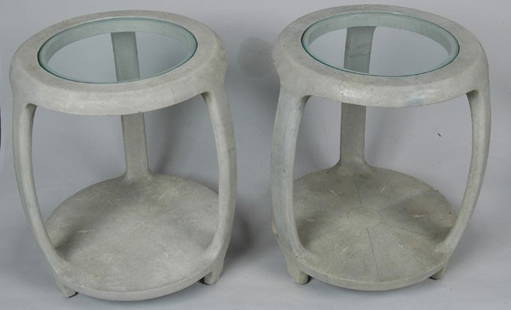 PAIR OF MAITLAND & SMITH CHAGRIN END TABLES: PAIR OF MAITLAND & SMITH CHAGRIN END TABLES, circular barrel form with inset glass tops, labeled on bottom Maitland & Smith, handmade in the Philliphines. Ht. 20 1/2" Dia. 16"