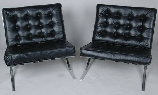 PAIR OF BARCELONA CHAIRS,: PAIR OF BARCELONA CHAIRS, chrome x frame with buttoned black vinyl cushions and straps.