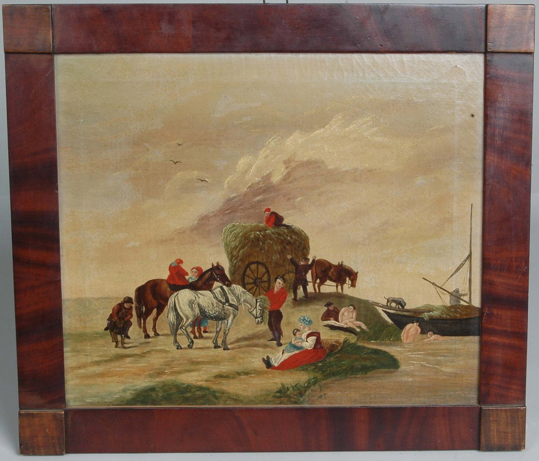 AM. SCHOOL, O/C EARLY 19TH C. HAYING SCENE,: AM. SCHOOL, O/C EARLY 19TH C. HAYING SCENE, period mahogany frame, 13.5" x 16", Frame 17" x 19.25" A charming naive folk rendition depicting a agrarian ritual. Rare early view of people bathing.
