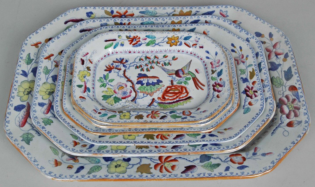 6 MASONS IRONSTONE GRADUATED PLATTERS, MID 19TH: 6 MASONS IRONSTONE GRADUATED PLATTERS, MID 19TH C., 2 smallest of same size. Largest 19" x 14"
