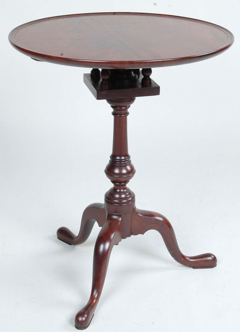 BENCH MADE PHILADELPHIA QUEEN ANNE TEA TABLE: BENCH MADE PHILADELPHIA QUEEN ANNE TEA TABLE, in the 18th century manner, the dished top revolving above a birdcage on ring turned suppressed ball shaft, arched cabriole legs ending in pad feet. This