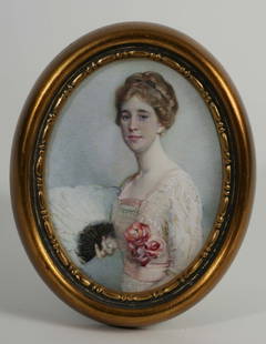 LAURA COOMBS HILLS(1859-1952) OVAL MINIATURE: LAURA COOMBS HILLS(1859-1952) OVAL MINIATURE ON IVORY of an elegantly dressed lady with fan, circa 1915. Descended in the family of Mary Bybee Milliken of Marblehead, MA and Indianapolis, IN 3.75" xc