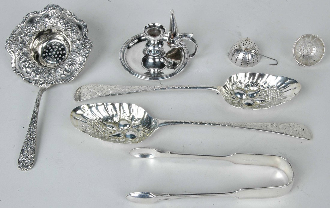 TWO ENGLISH STERLING BERRY SPOONS & SUGAR TONGS: TWO ENGLISH STERLING BERRY SPOONS & SUGAR TONGS 5.76 TROY OZ. Provenance: Estate of Mrs. David Dawson, Chadds Ford, PA