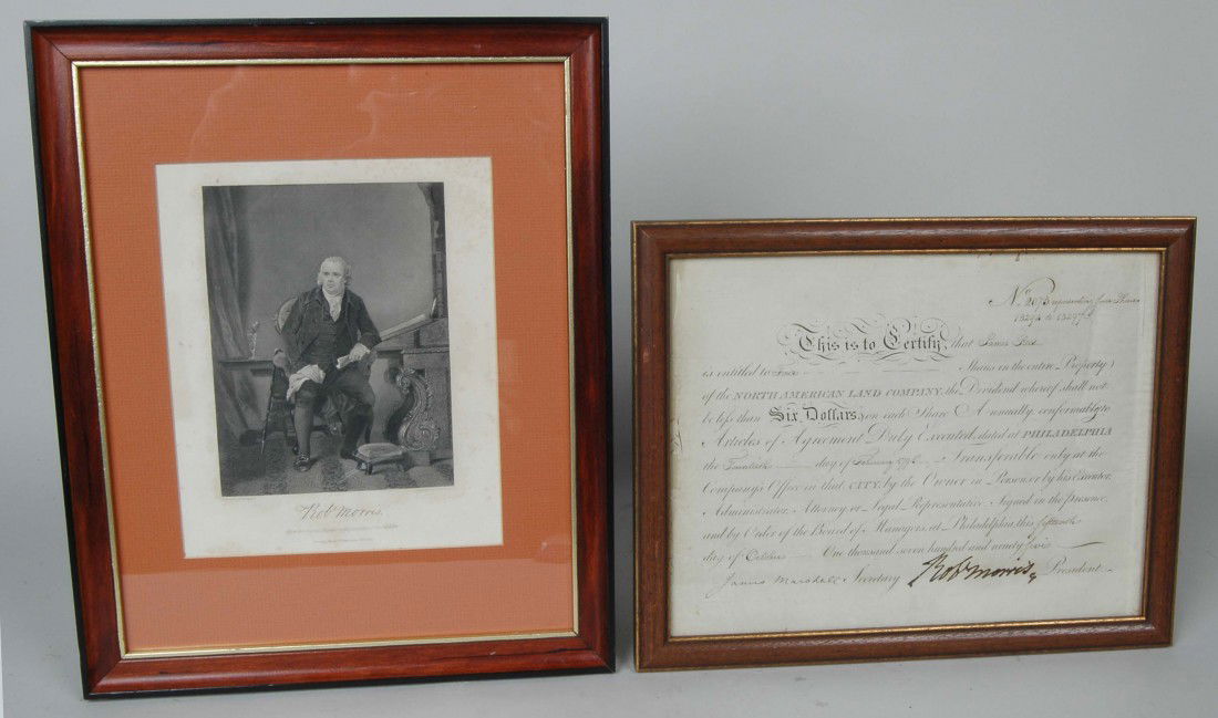 ROBERT MORRIS SIGNATURE, NORTH AMERICAN LAND CO.: ROBERT MORRIS SIGNATURE, NORTH AMERICAN LAND CO. DEED, along w/19th c. steel plate engraving. Dimensions: 12.25" x 9.25", Engraving 9.25" x 7.5" Provenance: The collection of the late Warren Barley, h