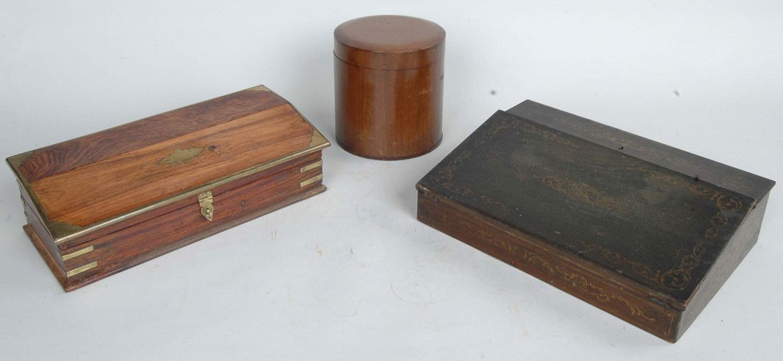 INDIAN HARDWOOD BRASS MTD BOX, ENGLISH MAH. HUMIDO: INDIAN HARDWOOD BRASS MTD BOX, ENGLISH MAH. HUMIDOR, & AM. VICTORIAN LAP DESK