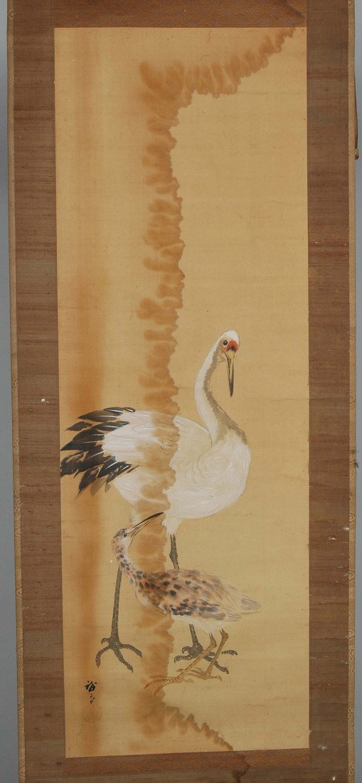 SUZUKI KEISHO (1873-?), "CRANE": SUZUKI KEISHO (1873-?), "CRANE" roller W. 22.25", scroll W. 19", image 13.75" x 40". Suzuki Keisho was born in Utsunomiya city. He studied and exhibited with Araki Kanbo and his Dokugakai in Ueno, as 