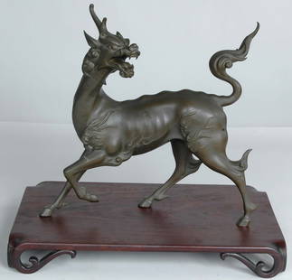 FINE 19TH C. BRONZE DRAGON ON ROSEWOOD STAND: FINE 19TH C. BRONZE DRAGON ON ROSEWOOD STAND. Ht. 15" L. 15.5" Stand 2.5" x 19" x 12". Provenance: The estate of Ethelbert Ott, Kotobuki Farms, Landenberg, PA.